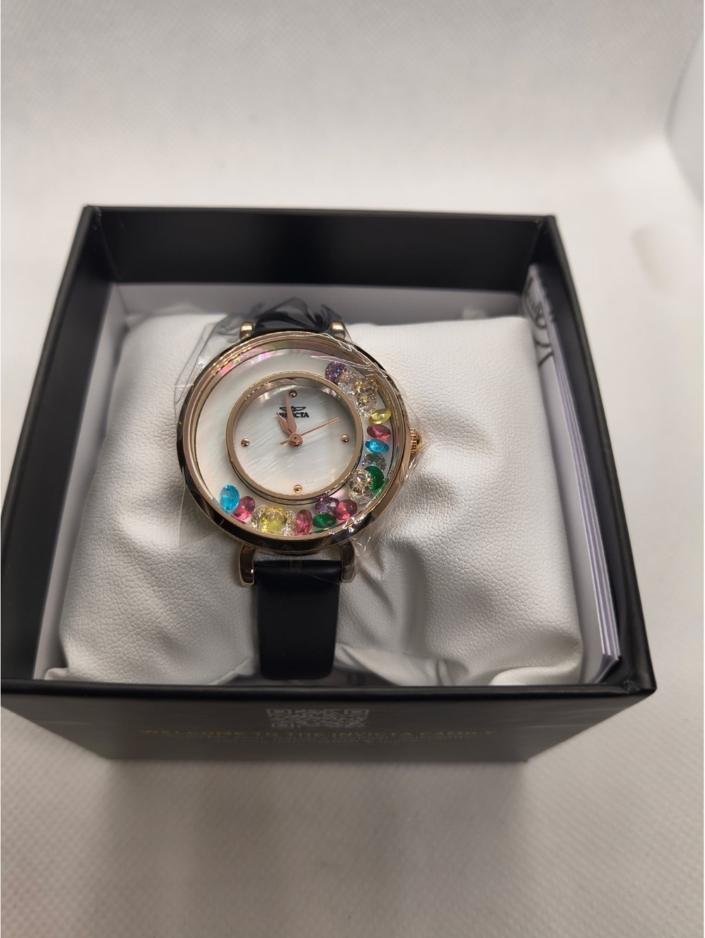Invicta Women's Angel Quartz Watch with Black Leather Band and Multicolor Gem Be - Picture 1 of 4